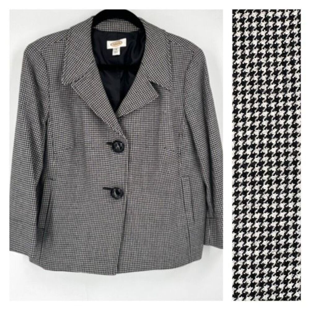 VTG Talbots Wool Blend Houndstooth Single Breasted Blazer Black White Size 14